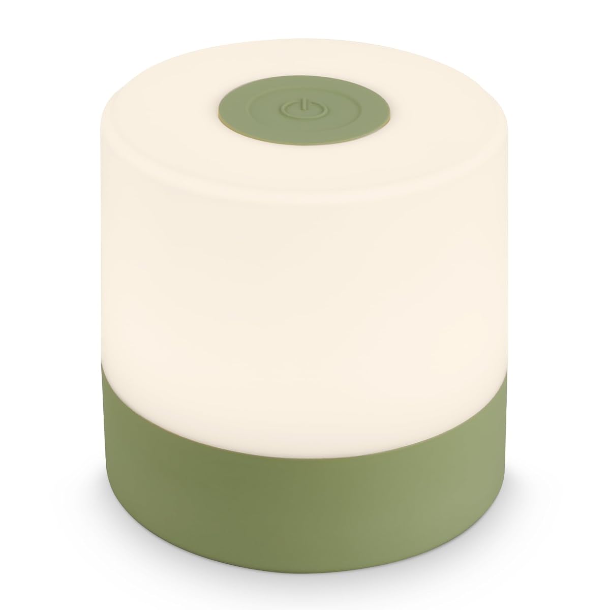 Mini lampe de table LED verte en métal, allumée sur une table de chevet en bois.