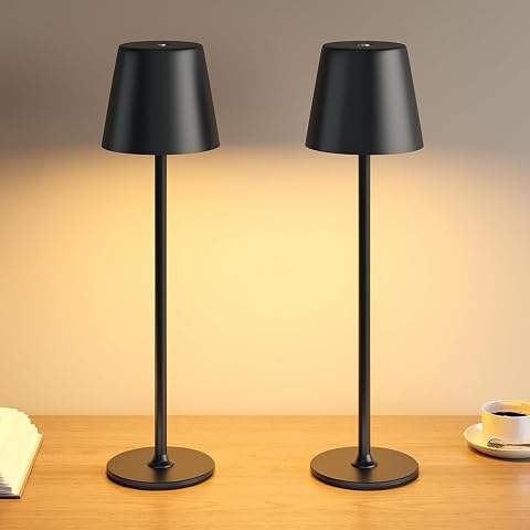 Deux lampes de table noires en métal, à abat-jour cylindrique, posées sur une table en bois.