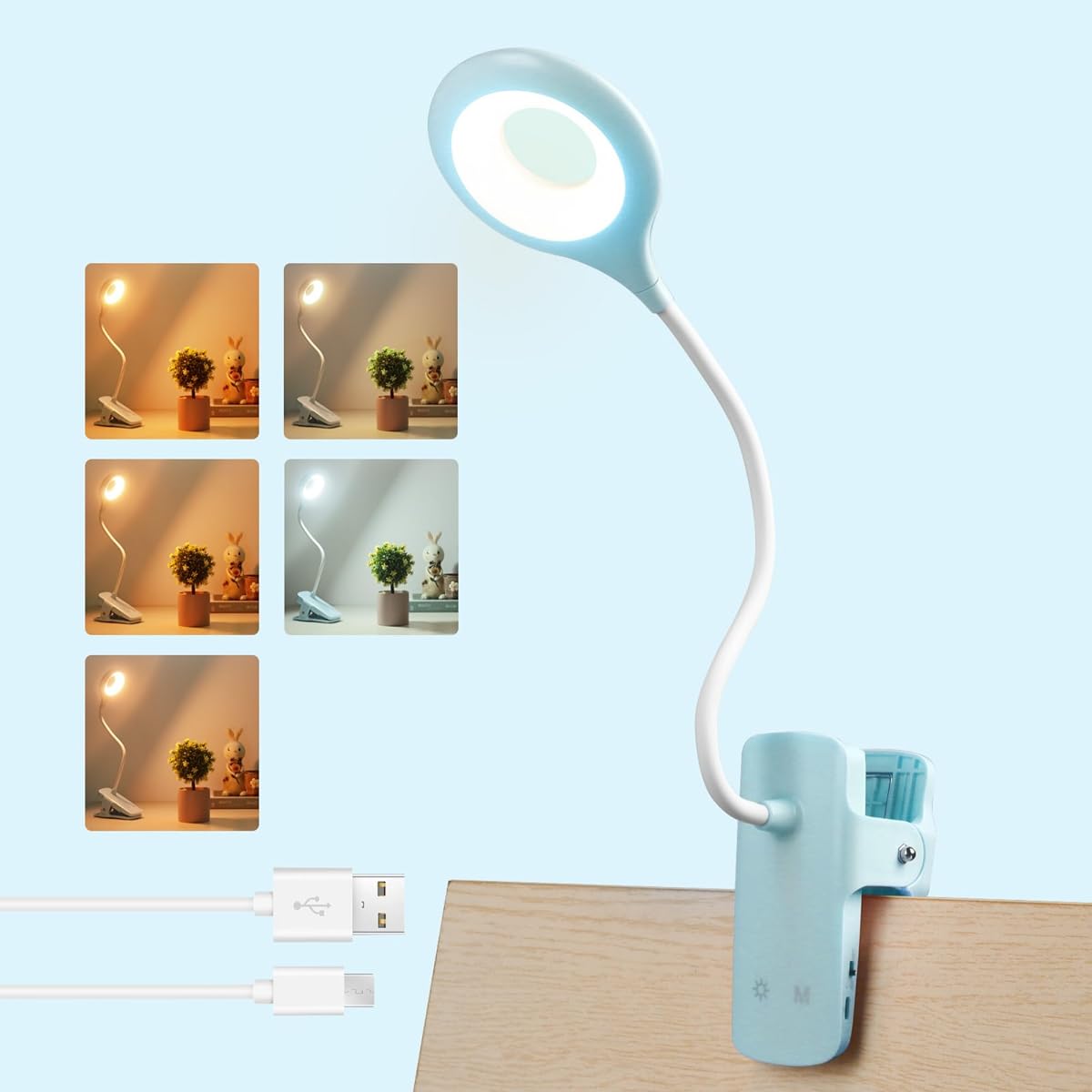Lampe de lecture bleue à pince fixée au bord d’une table en bois