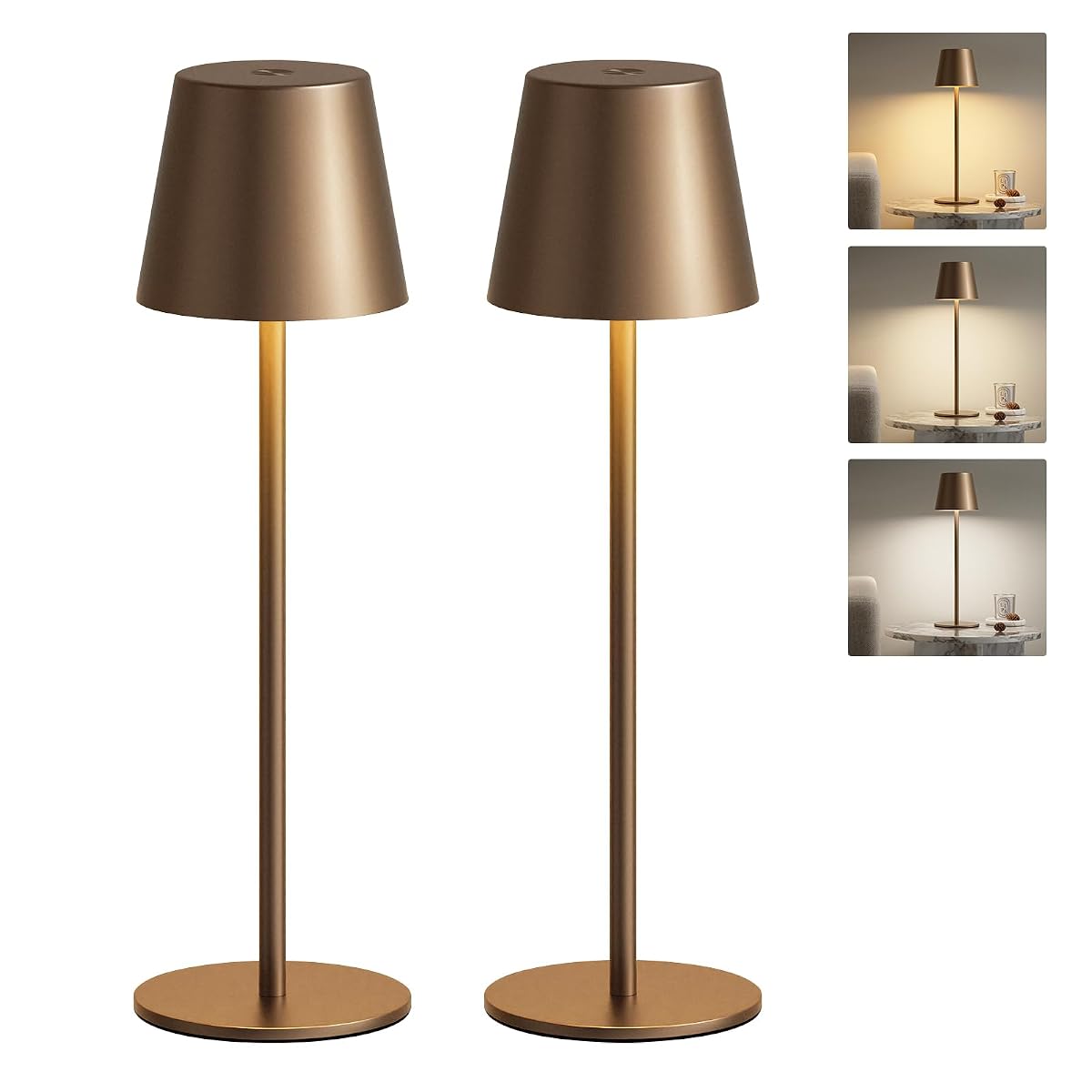 Deux lampes de table sans fil PreeOtti en métal marron, posées sur une table en bois