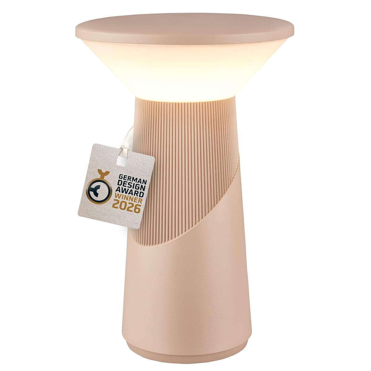 Lampe de table sans fil beige aux surfaces lisses et rainurées, posée sur une table en bois.