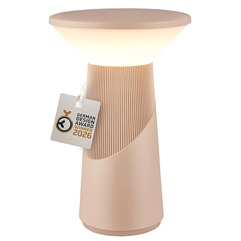 Lampe de table sans fil beige aux surfaces lisses et rainurées, posée sur une table en bois.