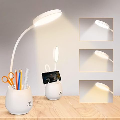 Lampe de bureau blanche avec tête LED en anneau, col flexible et porte-stylo intégré.