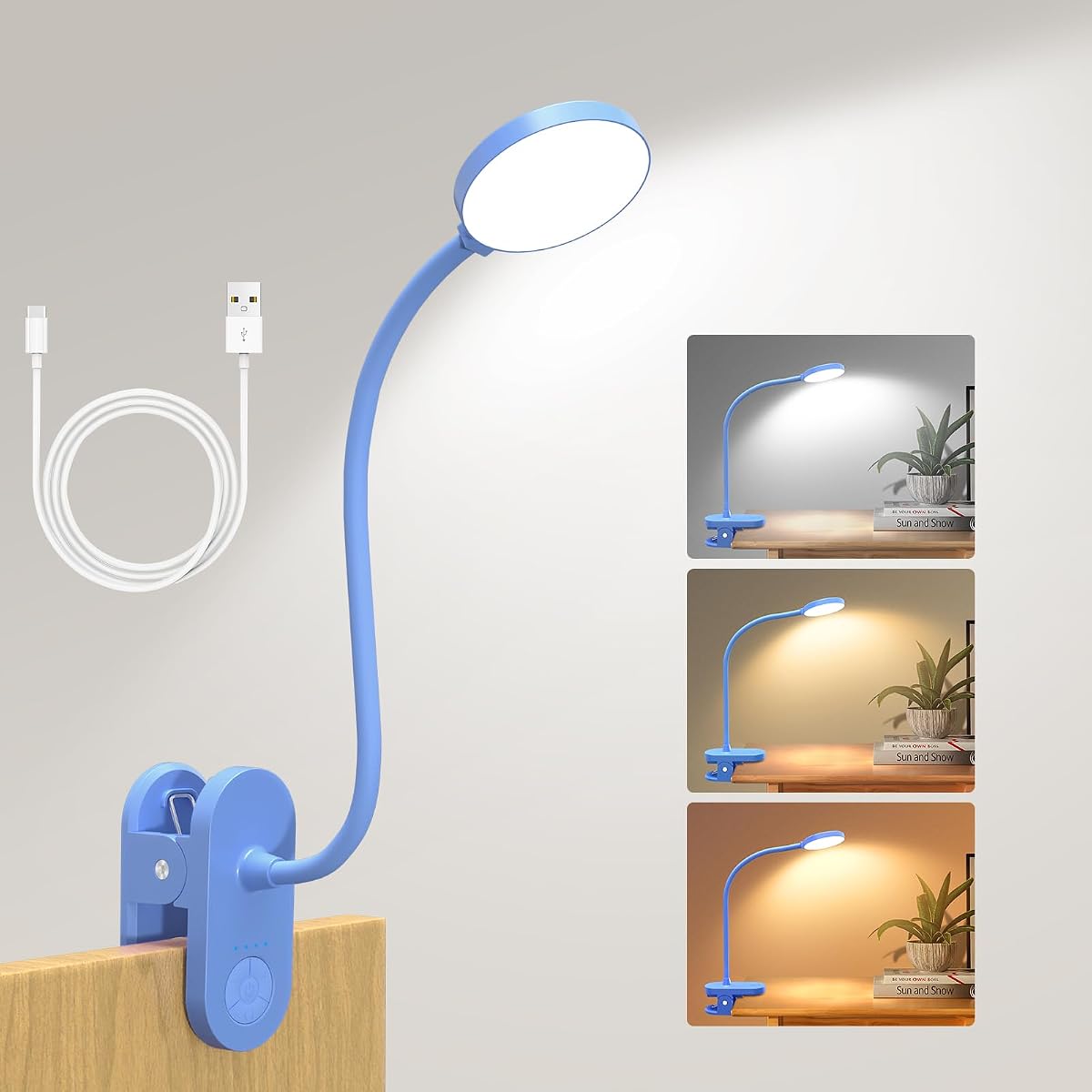Lampe de lecture bleue à pince, col flexible et tête éclairée par 61 LED, fixée au bord d’une table.