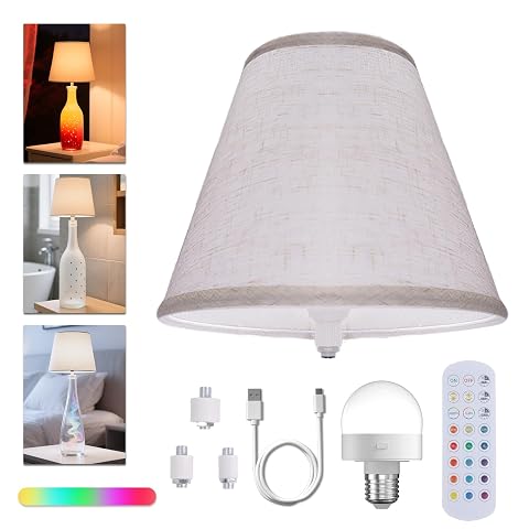 Lampe rechargeable à abat-jour blanc installée sur une bouteille, avec trois adaptateurs et un câble USB-C