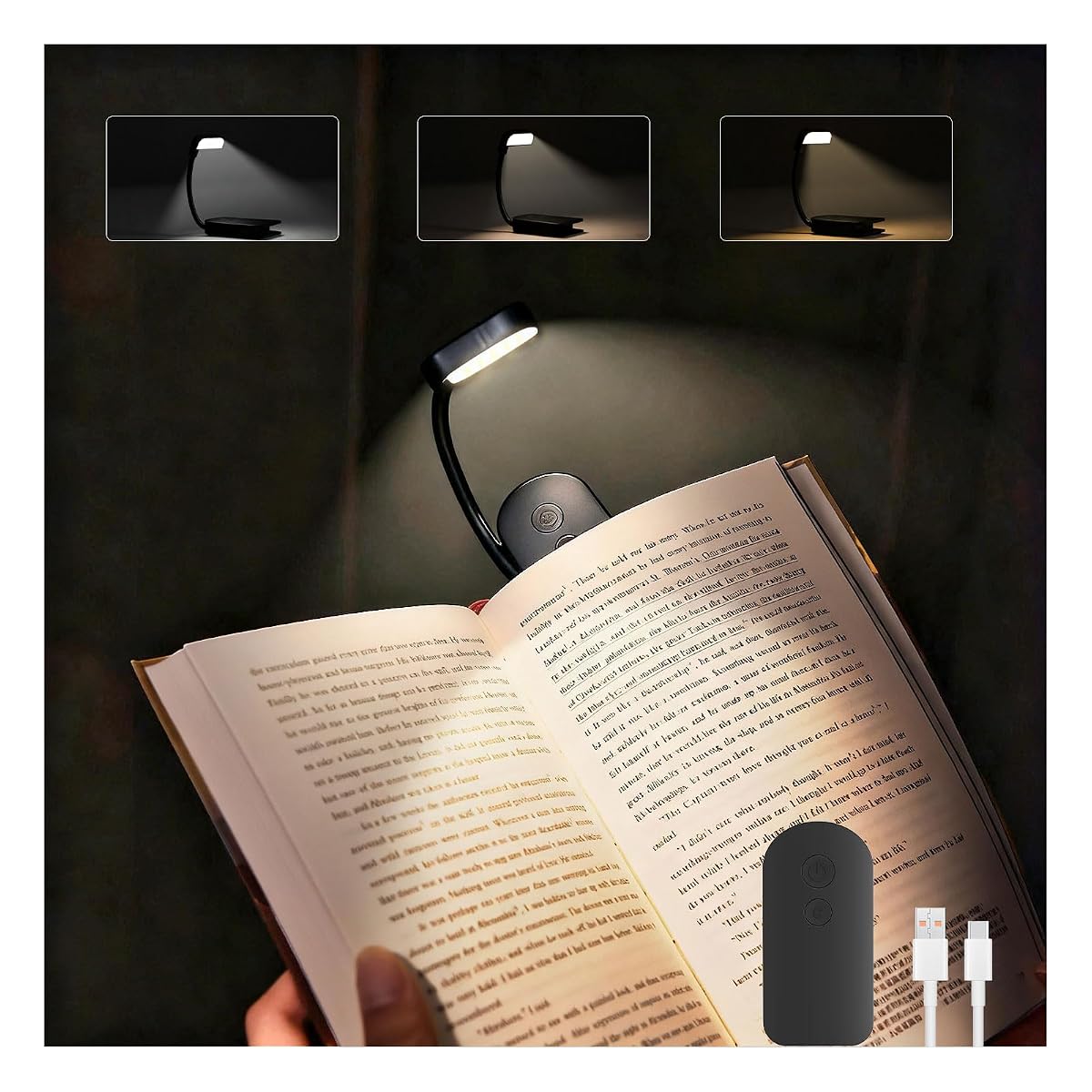 Lampe de lecture noire à pince fixée sur un livre ouvert, posée sur une table en bois