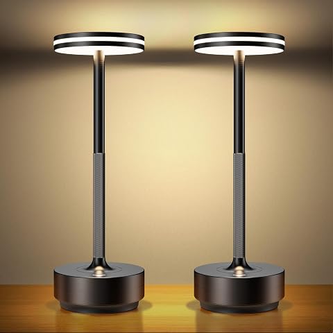 Deux lampes de table Hapfish noires posées sur une table en bois dans une lumière douce
