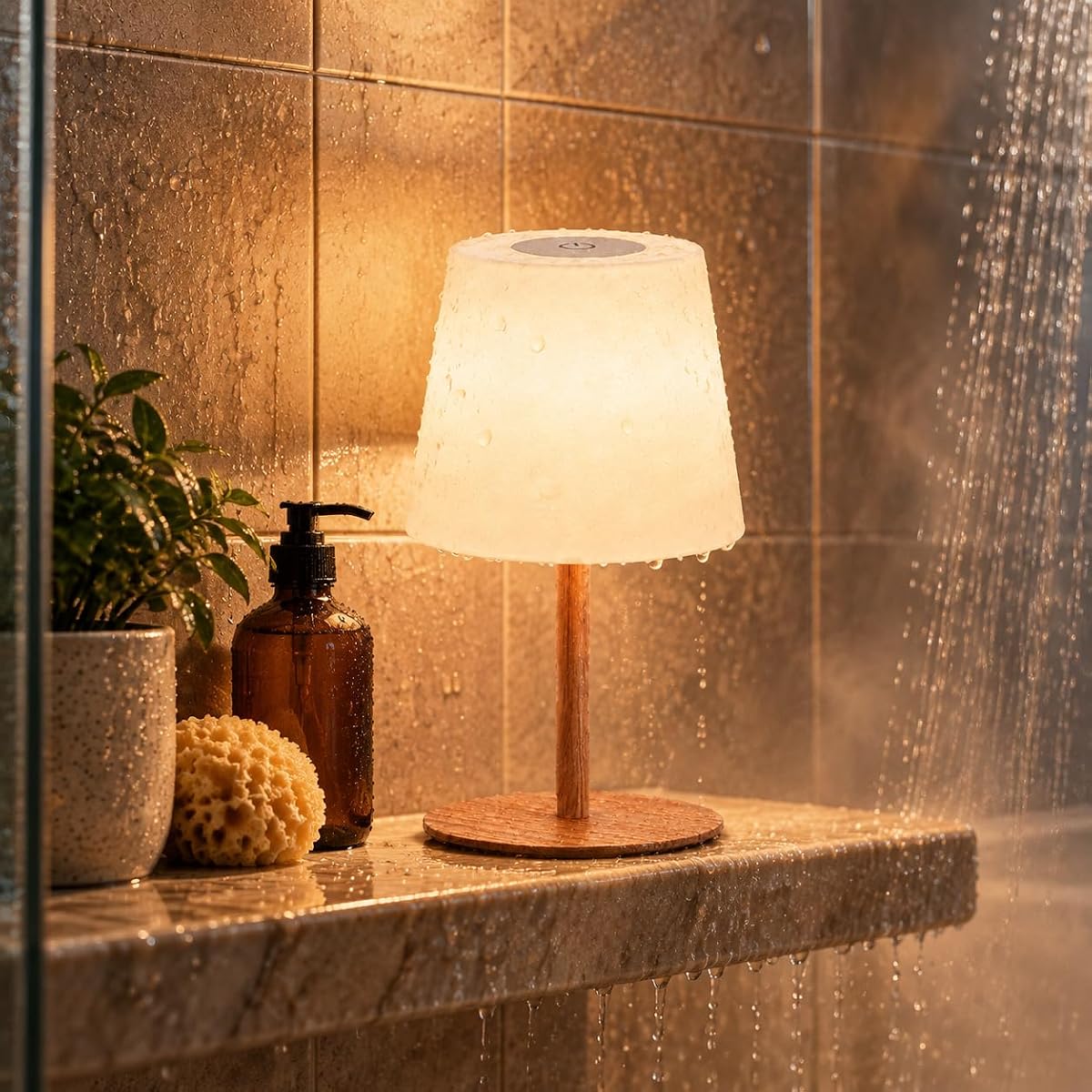 Lampe de chevet tactile en métal à finition noyer, posée sur une table en bois.