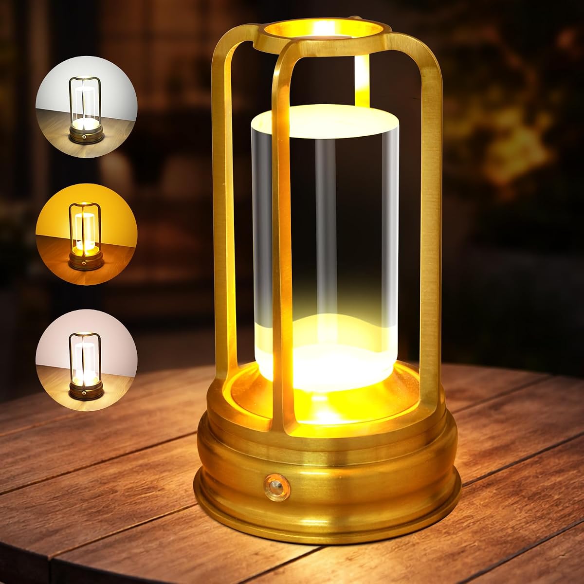 Lampe de table rechargeable dorée en aluminium posée sur une table en bois dans une lumière douce