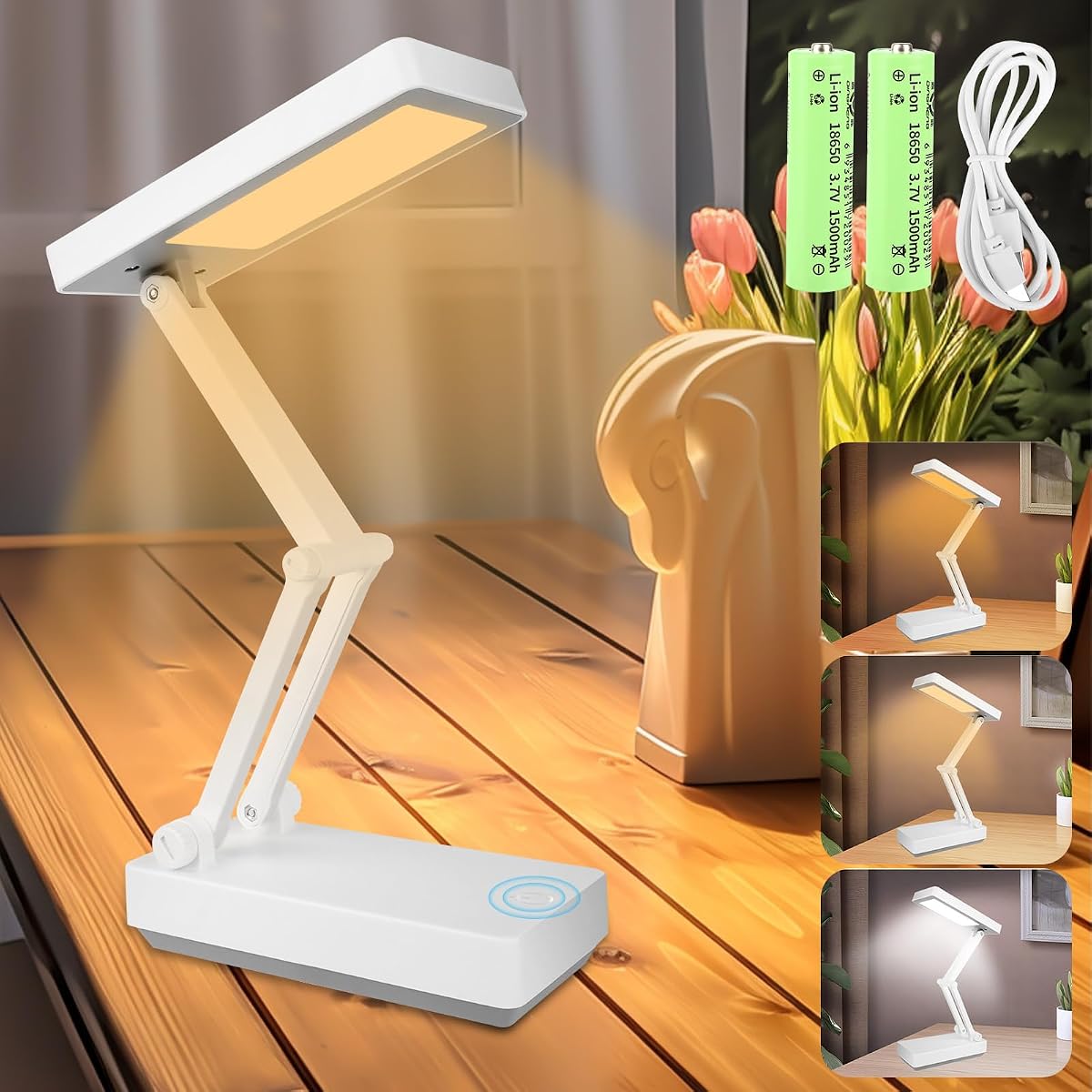 Lampe de bureau LED blanche et pliable, bras déployé sur une table en bois