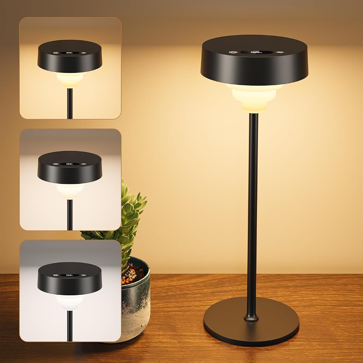 Lampe de table LED noire sans fil, avec diffuseur à gradins et tige réglable, posée sur une table en bois.