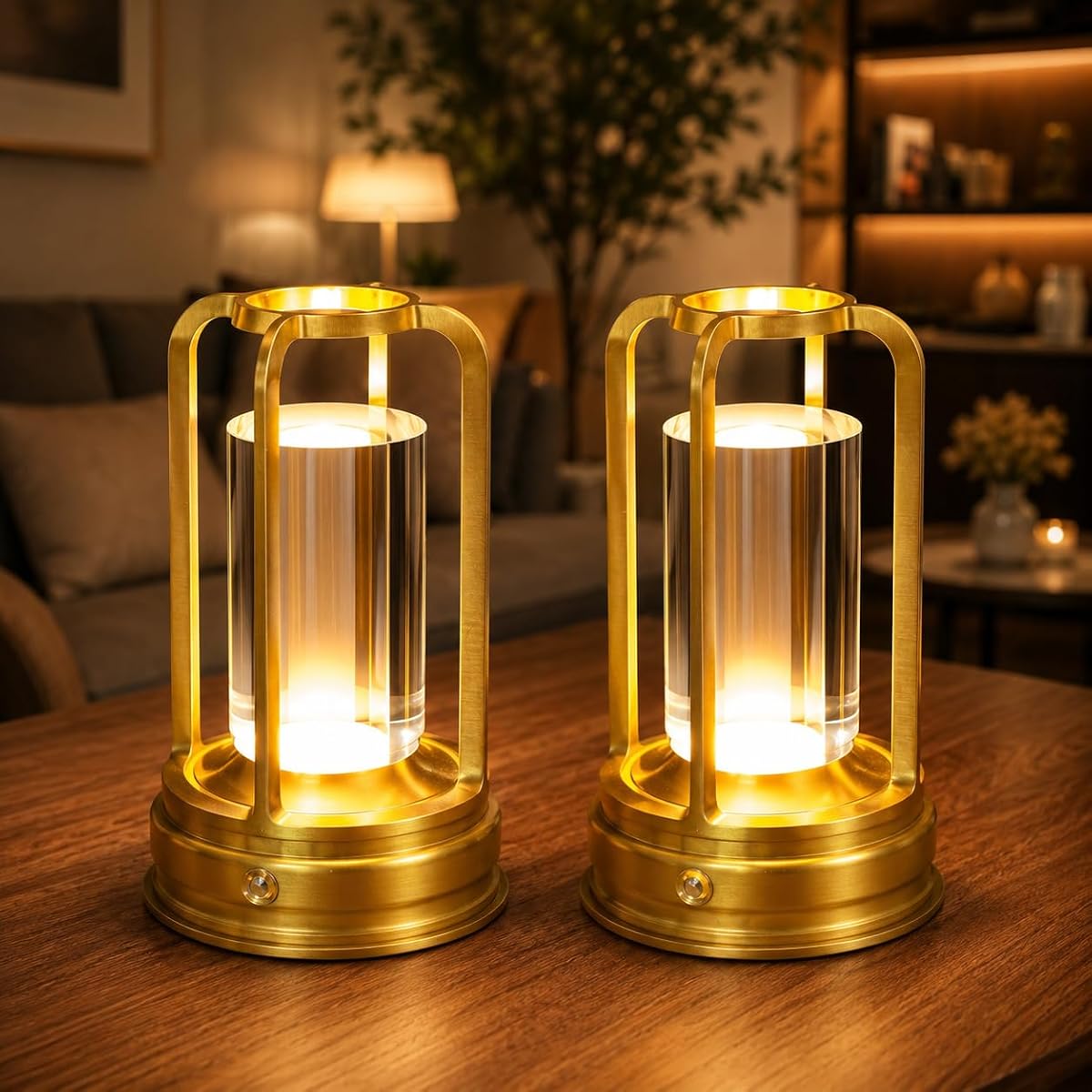 Deux lampes de table sans fil en aluminium doré, posées sur une table en bois.