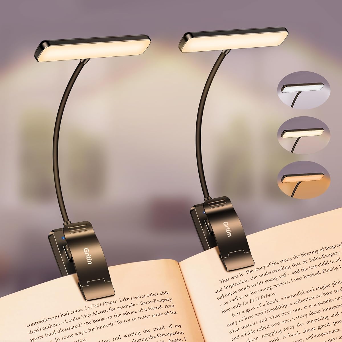 Deux lampes de lecture noires à pince, avec tête horizontale et col flexible, posées sur une table en bois.