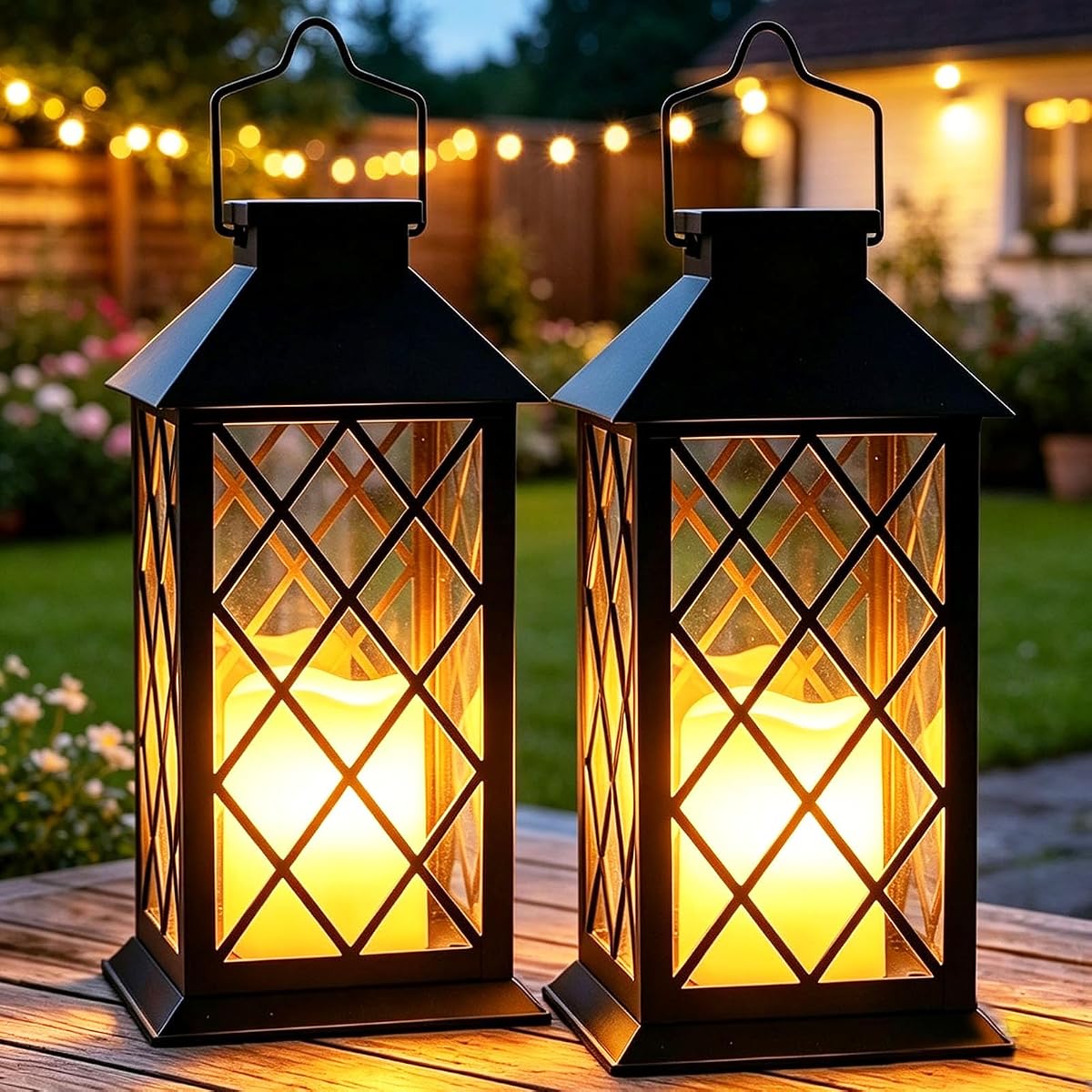 Deux lanternes solaires noires à bougie LED vacillante posées sur une table de jardin