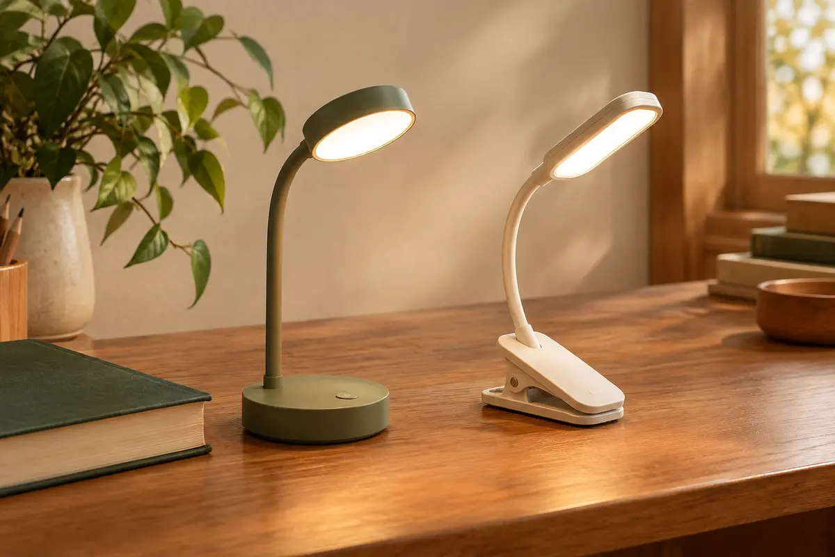 Lampes de lecture rechargeables sur socle et à pince près d’un livre