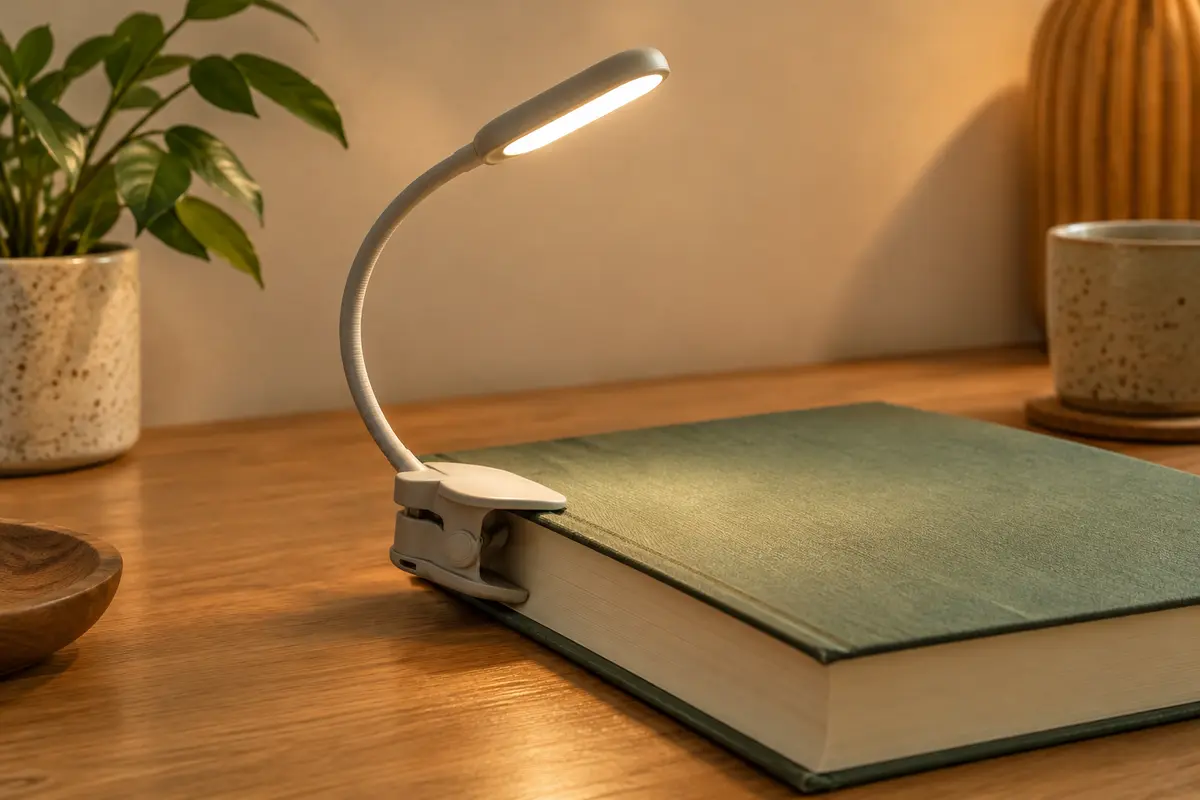 Lampe de lecture rechargeable à pince fixée sur un livre fermé
