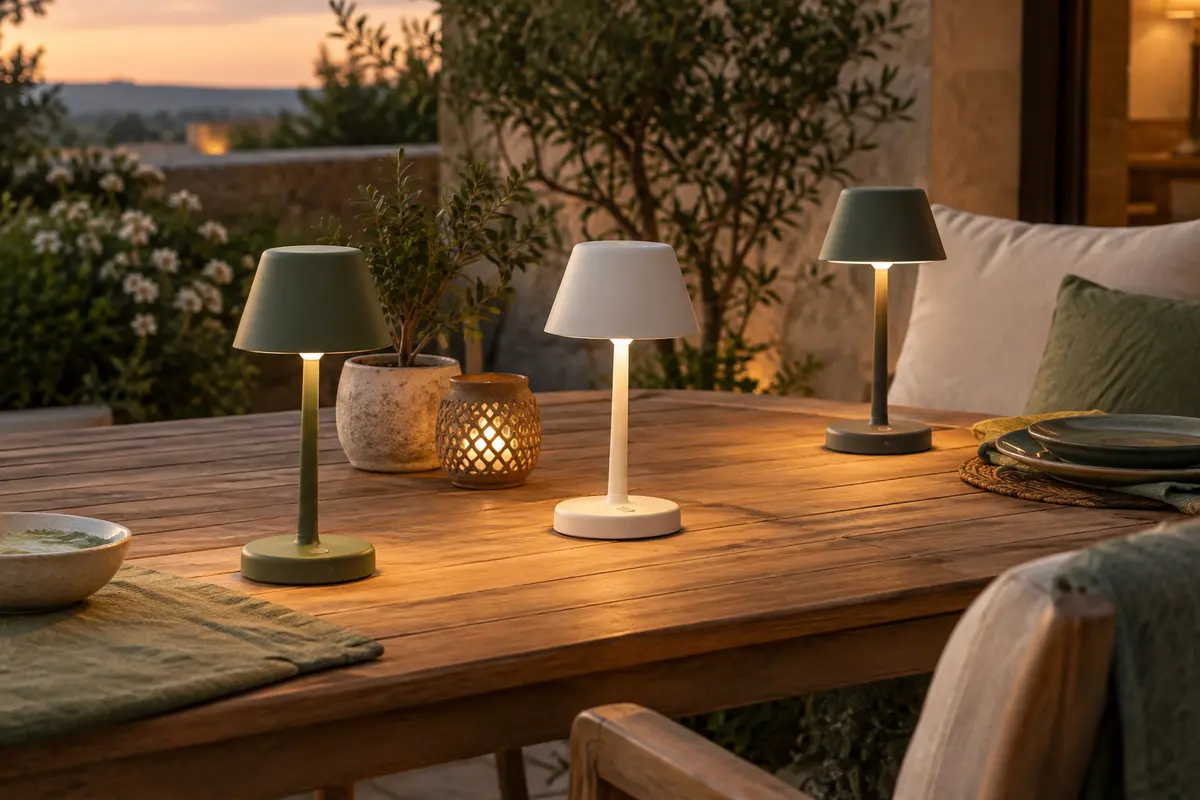 Lampes de table rechargeables éclairant une terrasse au début de la soirée