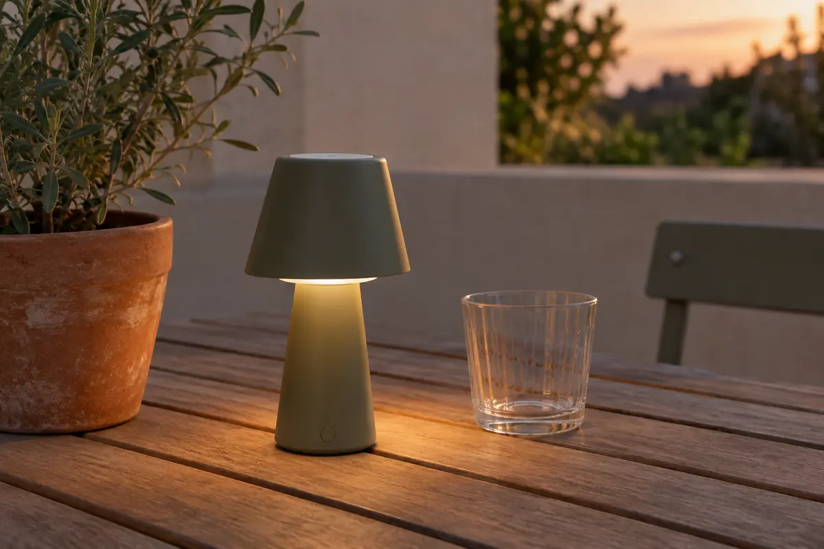 Lampe de table rechargeable posée sur une terrasse au crépuscule