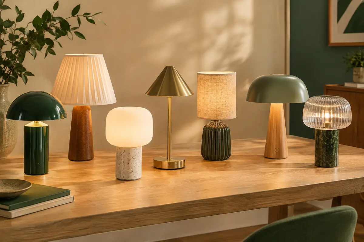 Lampes de table sans fil de formes variées alignées sur une table en bois clair