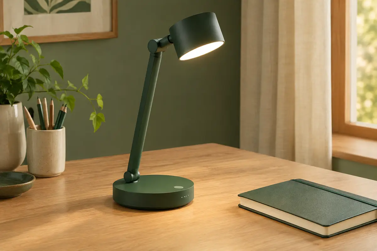 Lampe de bureau sans fil posée près d’un carnet sur un bureau clair