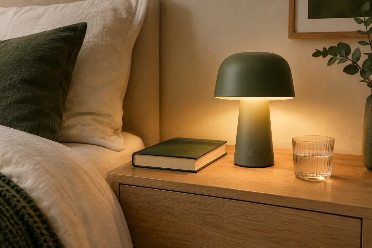 Lampe de chevet sans fil allumée sur une table de nuit en bois blond