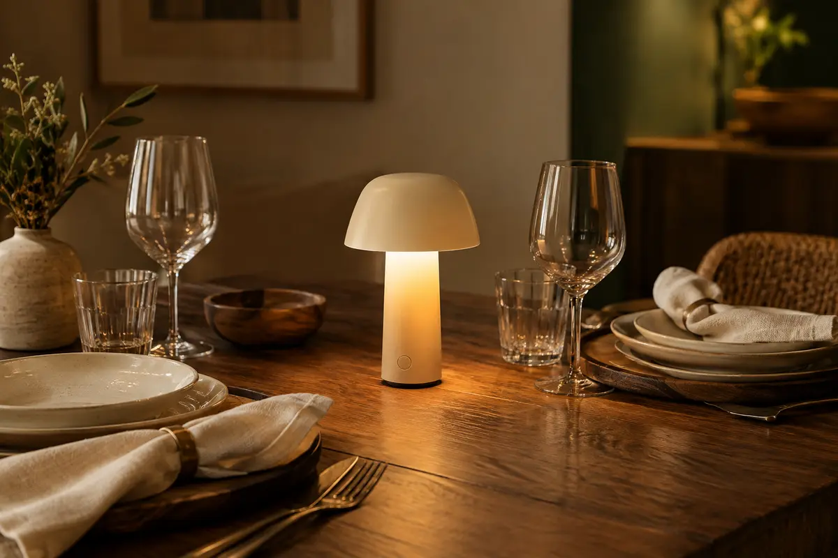 Lampe de restaurant rechargeable au centre d’une table dressée