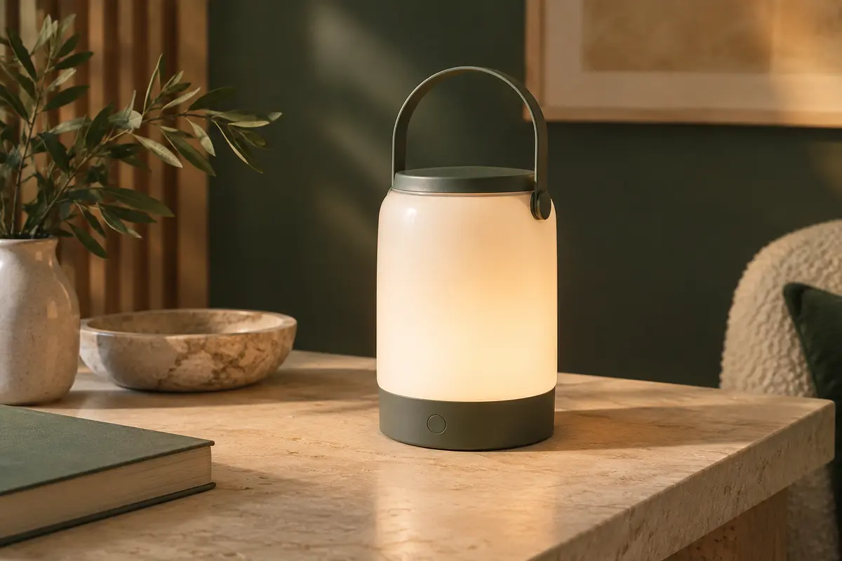 Lanterne de table rechargeable allumée sur une surface en pierre claire