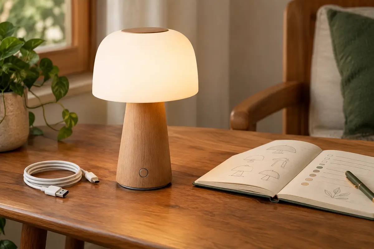 Lampe de table rechargeable posée près d’un câble sur une table en bois, dans un intérieur sobre.