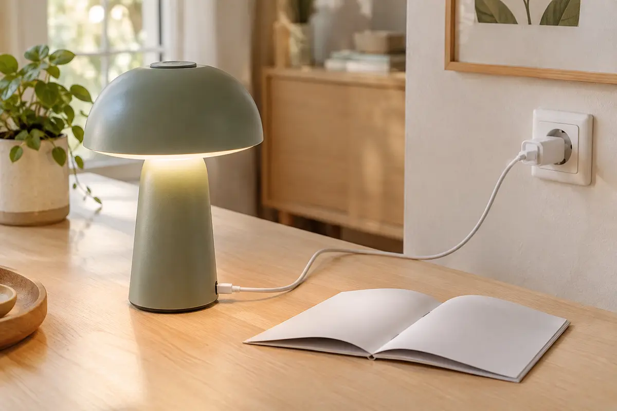 Lampe de table sans fil reliée par un câble USB-C à un chargeur, avec sa notice à proximité.