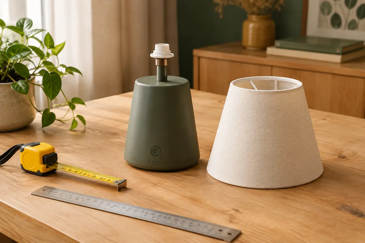 Lampe de table sans fil et abat-jour séparé avec un mètre posé pour vérifier ses dimensions.