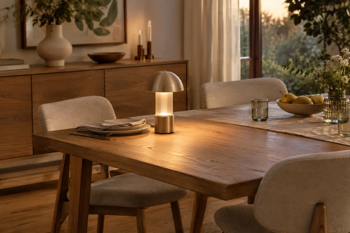 Lampe sans fil en métal et verre posée sur une table en bois dans une salle à manger