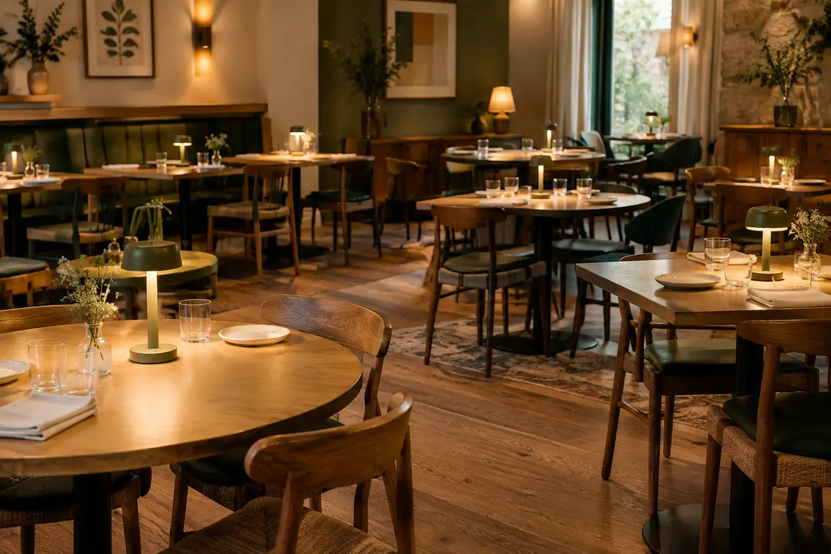Lampes sans fil réparties sur des tables dressées dans un restaurant, avec des passages dégagés et une lumière douce.