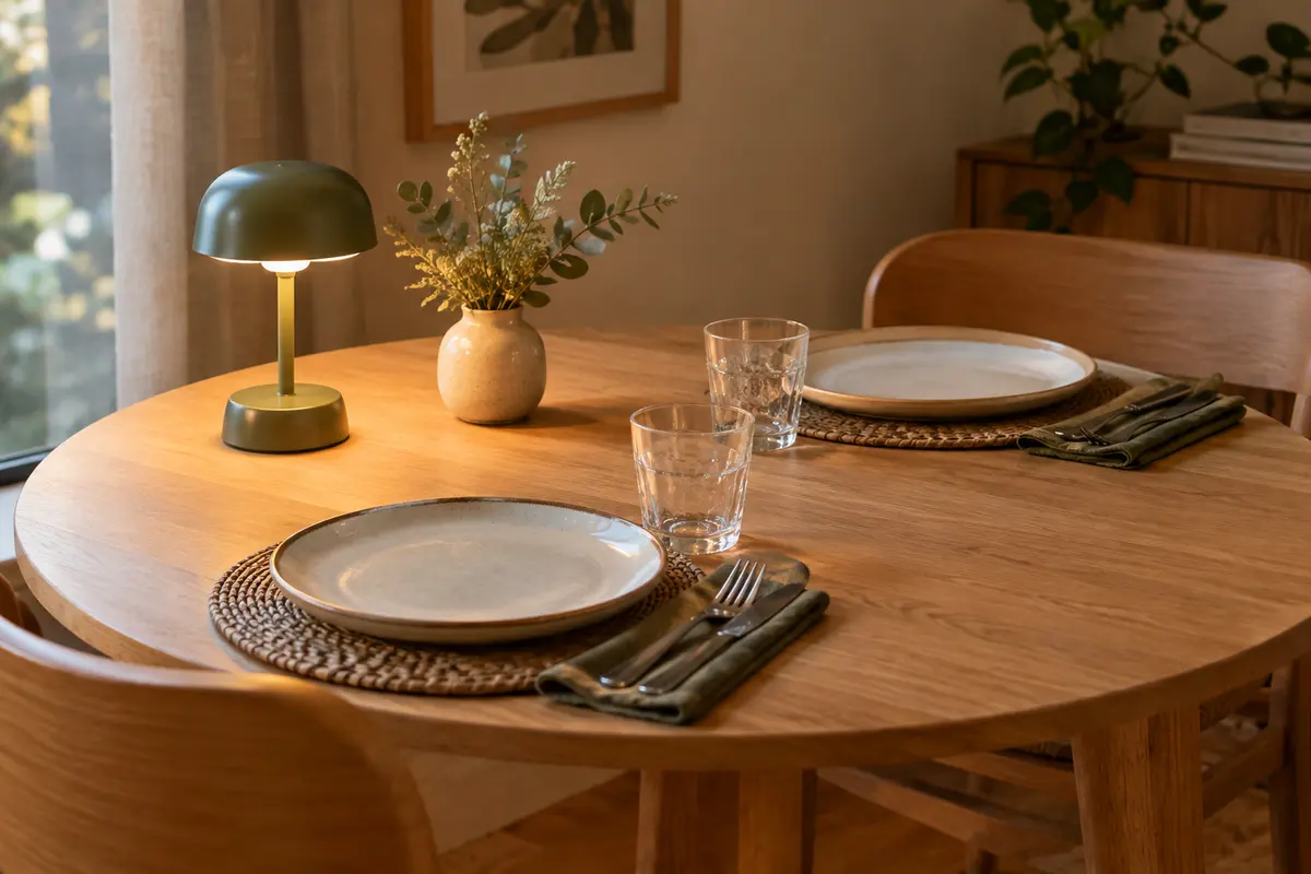 Petite lampe sans fil posée sur une table dressée en laissant les assiettes et les verres accessibles.