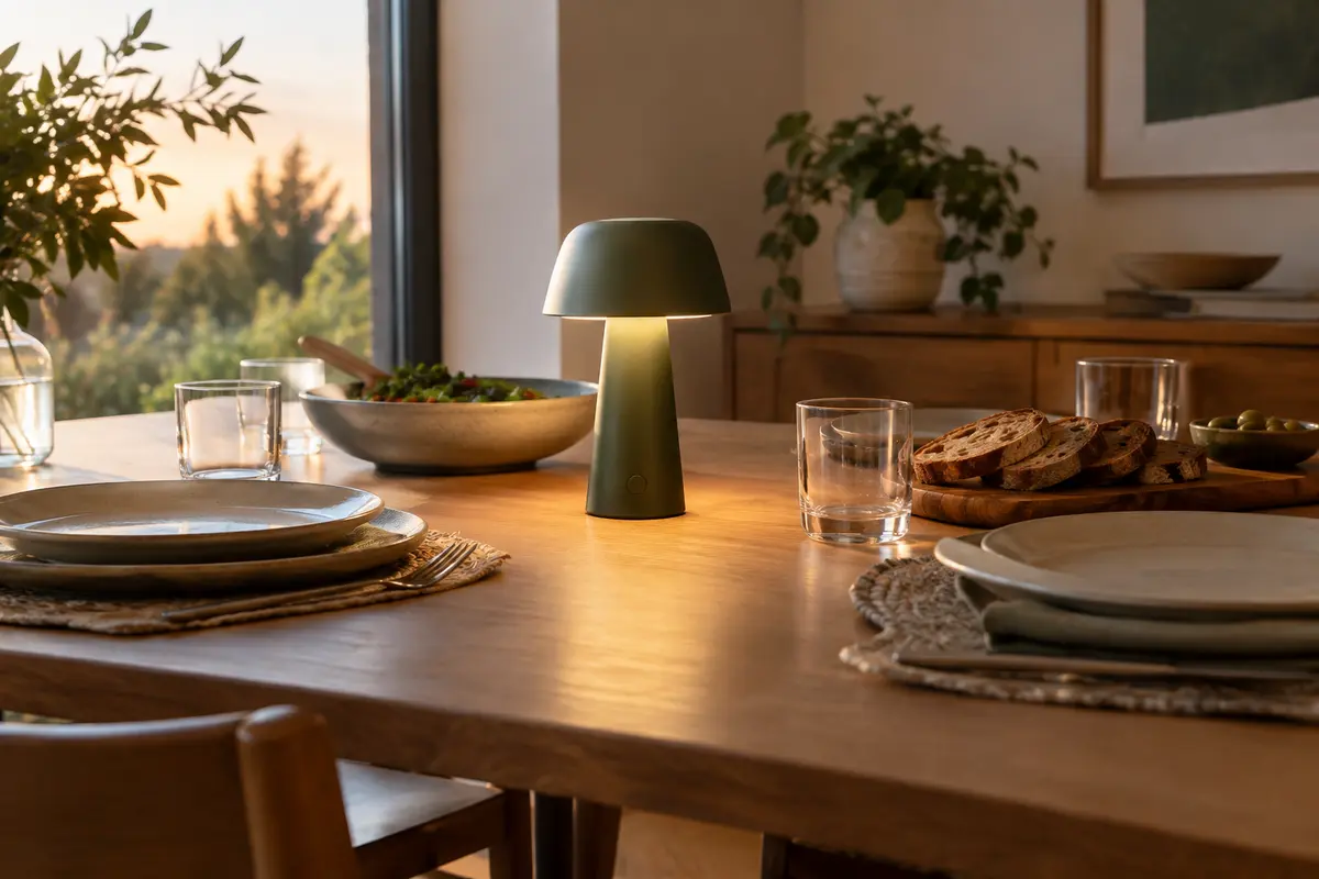 Lampe de table sans fil compacte au centre d’une table de repas dressée, sans encombrer les assiettes