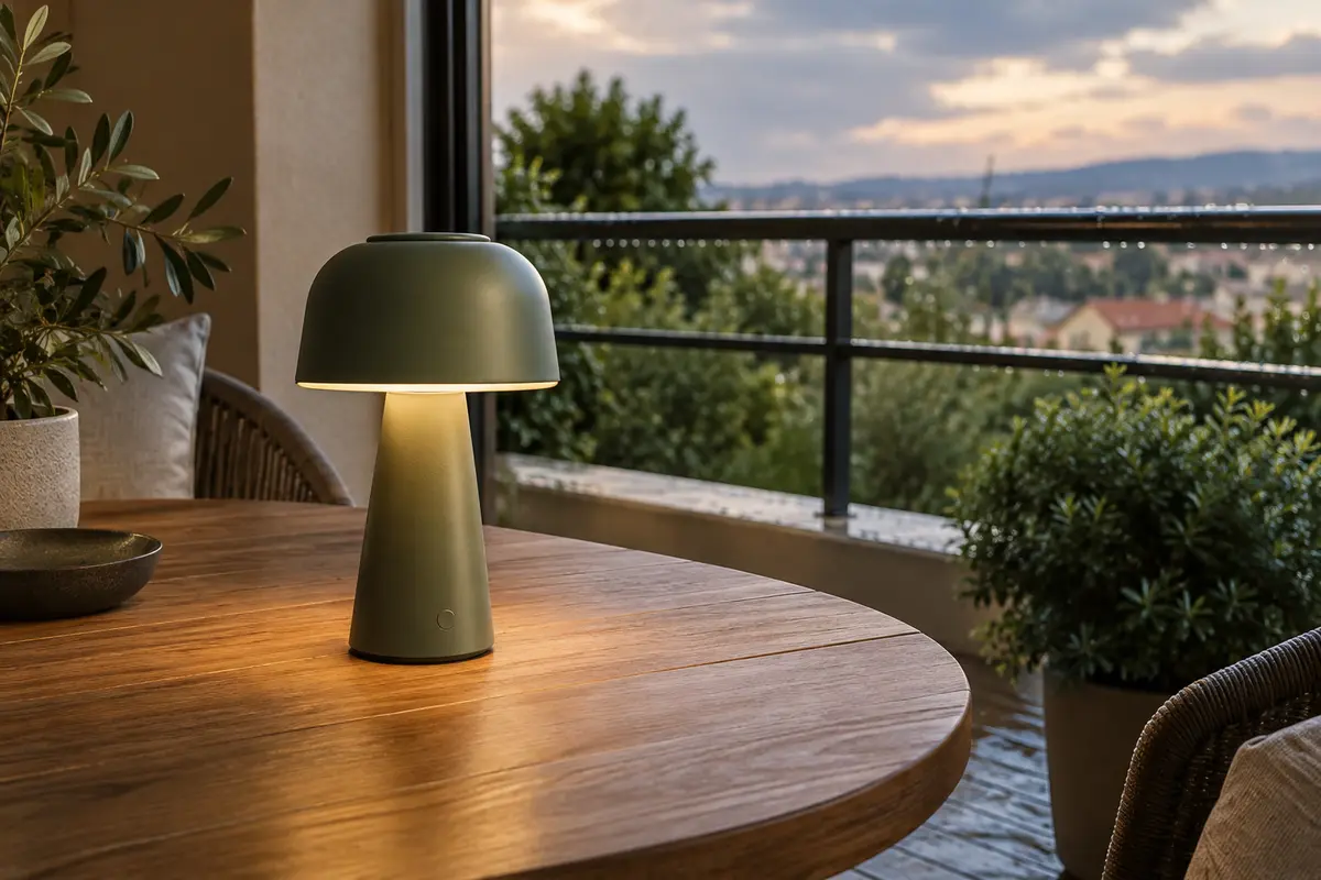Lampe de table sans fil posée au sec sur une terrasse couverte près d’un balcon mouillé
