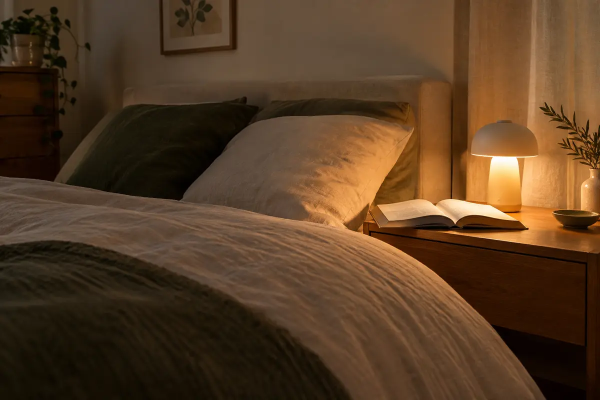 Lampe de chevet sans fil orientée vers un livre ouvert sur une table de nuit dégagée.
