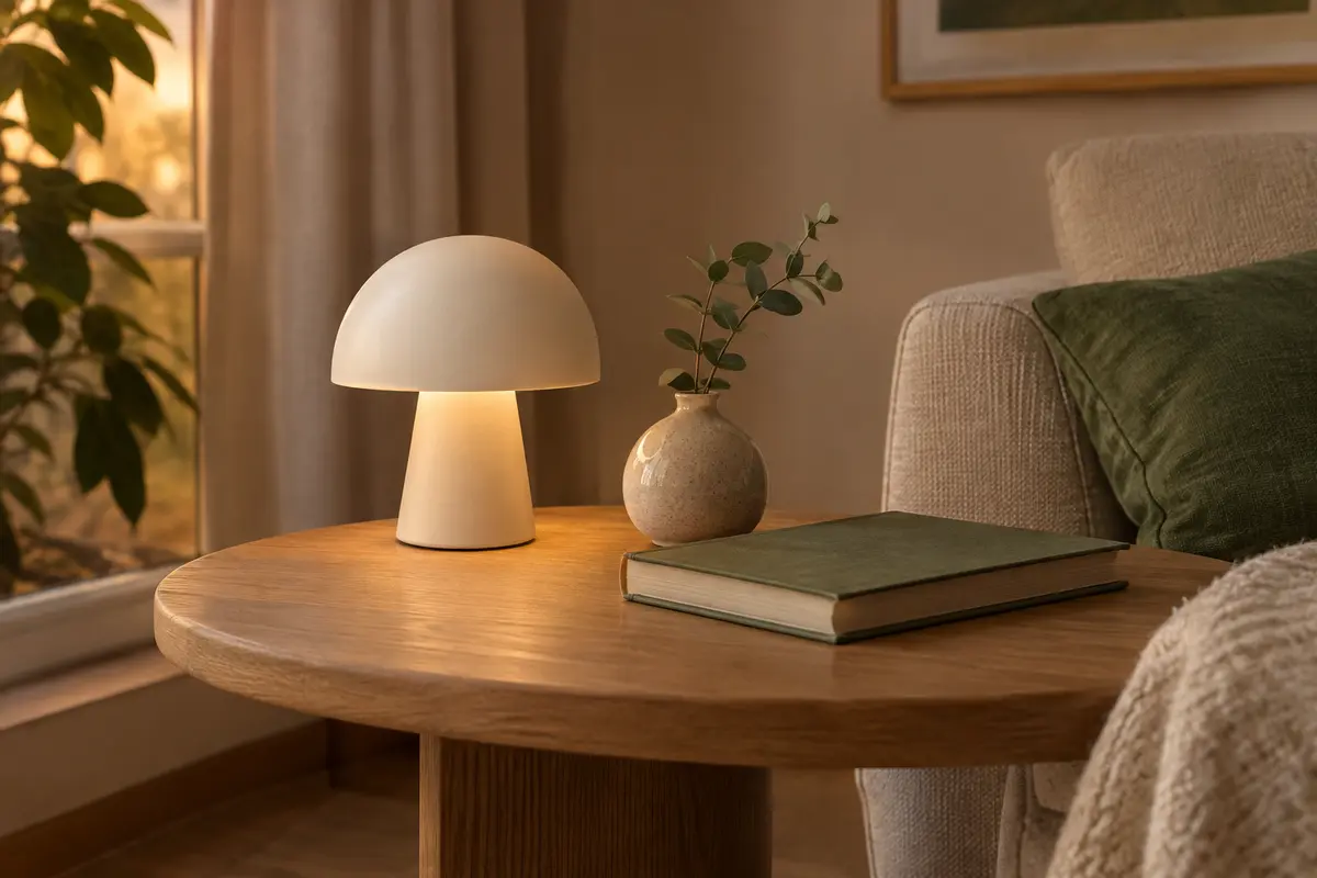 Lampe champignon crème posée sur une petite table en bois clair dans un salon contemporain.