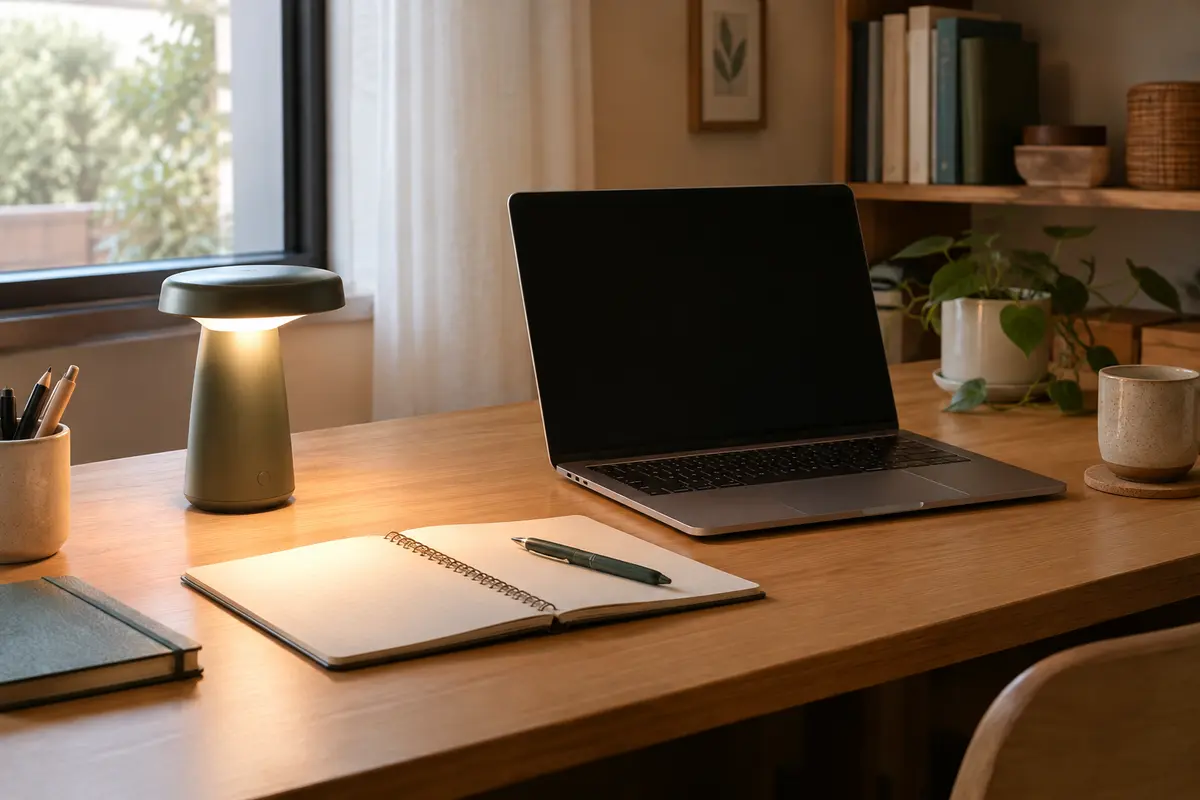 Lampe de bureau sans fil éclairant un carnet à côté d’un écran, sans diriger son faisceau vers celui-ci