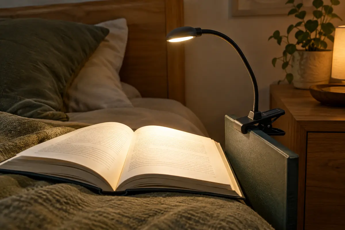 Lampe de lecture rechargeable à pince fixée à un livre ouvert et orientée vers les pages