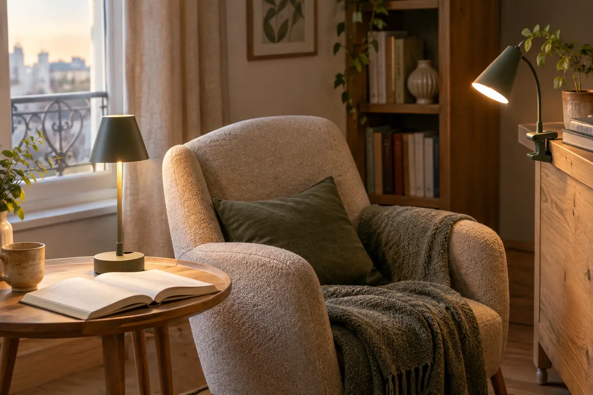 Coin lecture avec une lampe rechargeable sur socle près d’un fauteuil et une lampe à pince fixée à un meuble