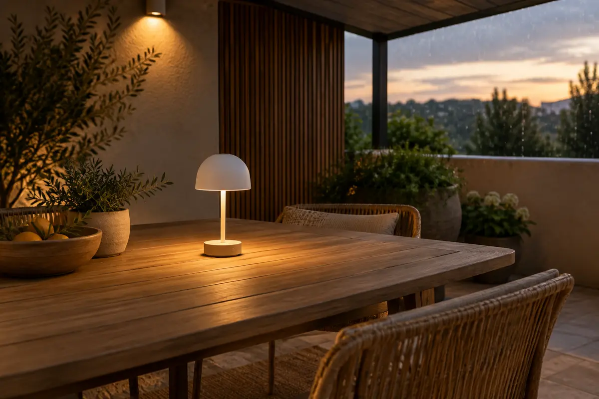 Lampe de table sans fil posée au sec sur une table de terrasse couverte, à l’abri de la pluie et du vent.