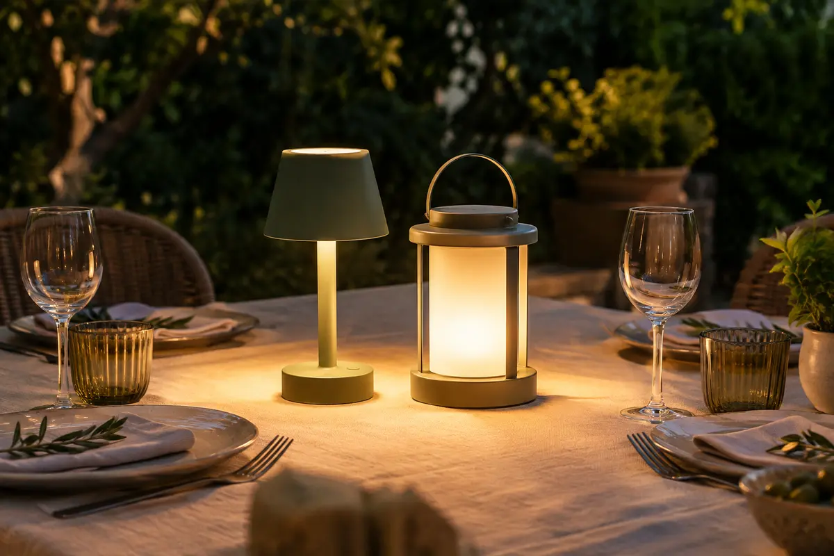 Lampe de table rechargeable et lanterne posées sur une table dressée pour un dîner au jardin