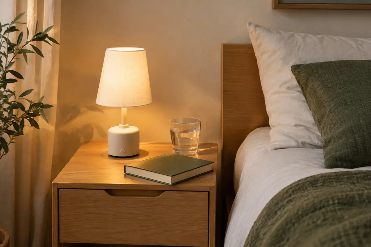 Lampe de chevet compacte posée sur une table étroite avec un livre et un verre à proximité