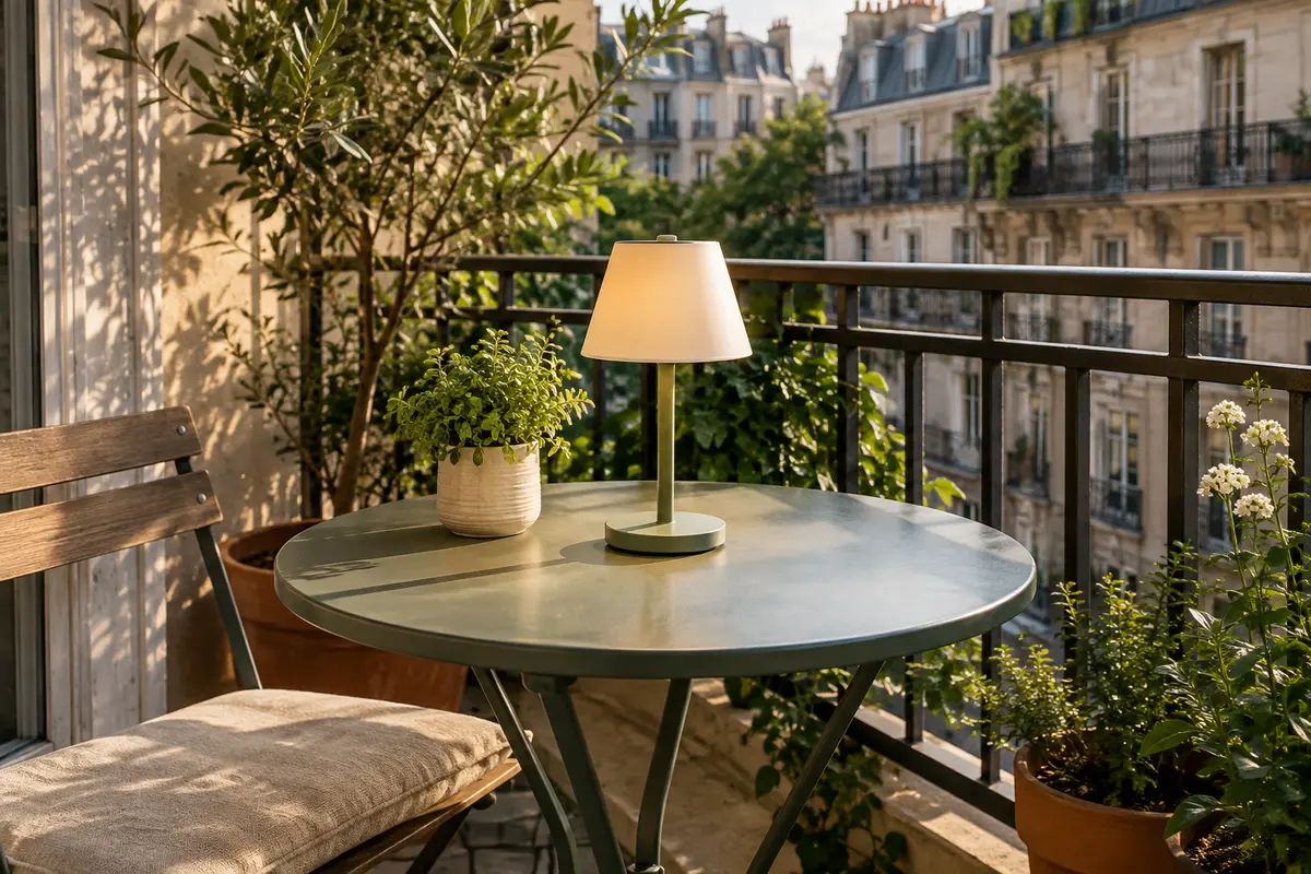 Lampe de table solaire posée sur une petite table de balcon exposée à la lumière de fin d’après-midi