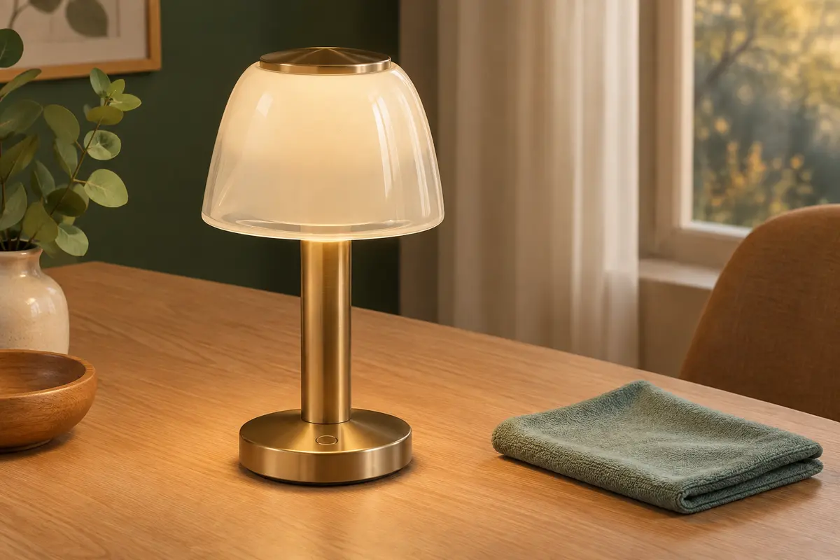 Lampe de table rechargeable en métal et verre posée près d’un chiffon doux pour son entretien