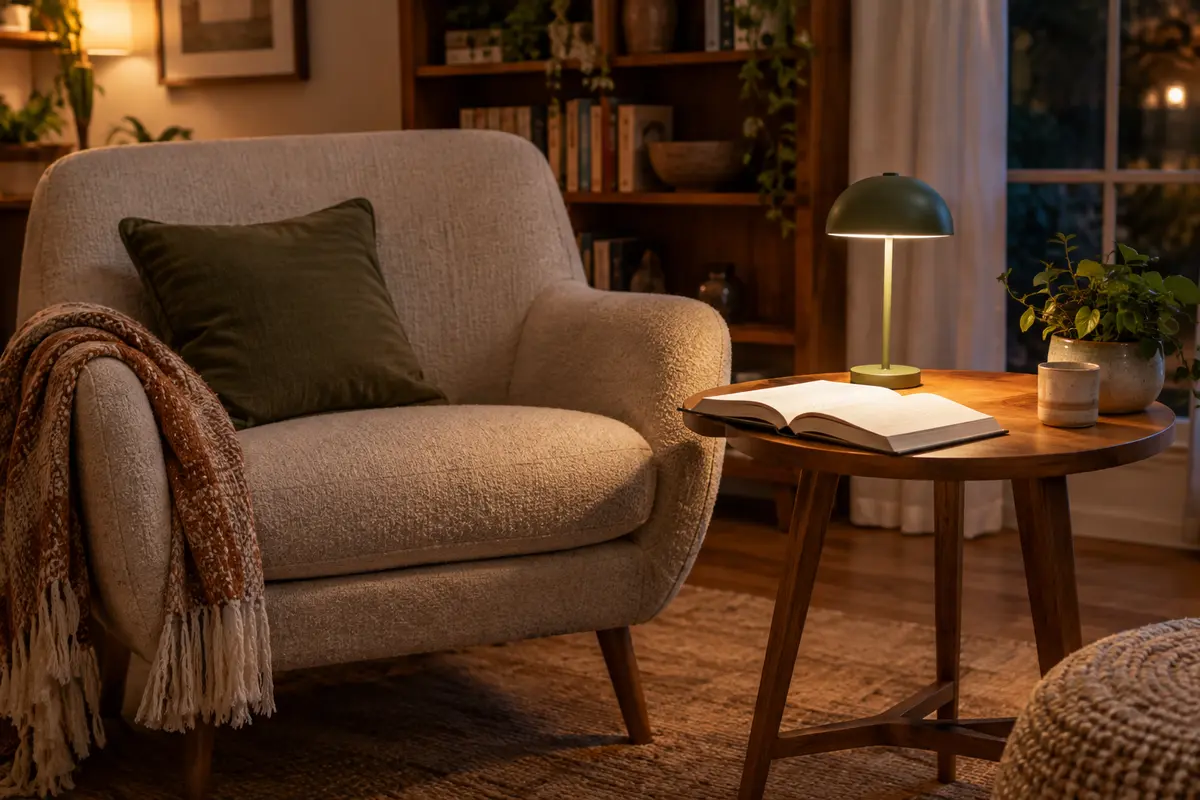Lampe de table sans fil orientée vers un livre ouvert dans un coin lecture du salon