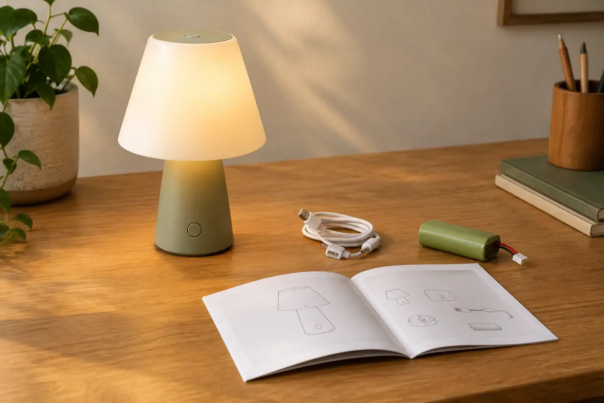 Lampe de table sans fil, notice et accessoires réunis pour vérifier une batterie de remplacement compatible.