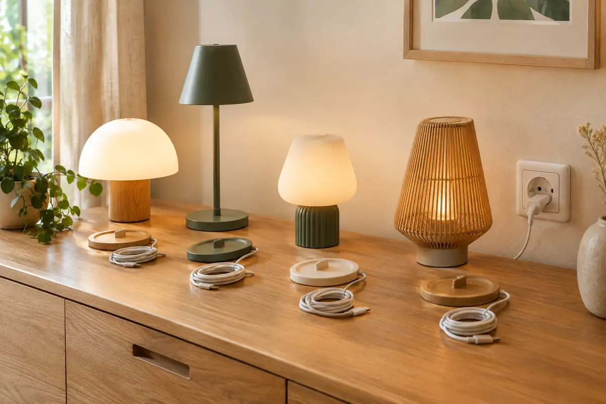 Lampes de table sans fil et chargeurs organisés sur une console dégagée