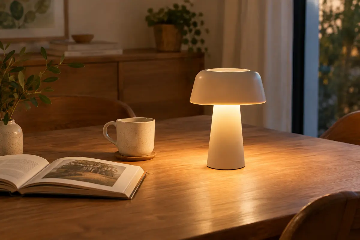 Lampe de table sans fil à lumière chaude près d’un livre et d’une table dressée pour le dîner