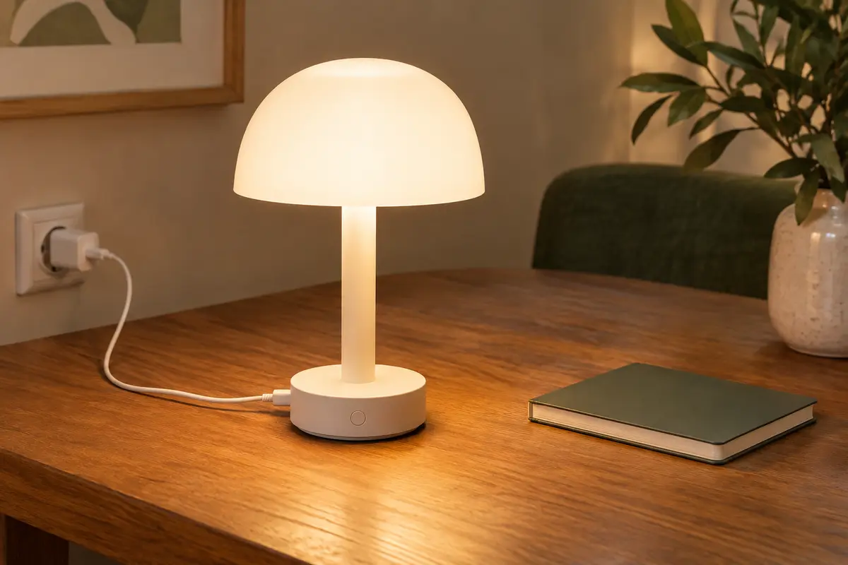 Lampe de table sans fil branchée pour sa recharge, posée près de sa notice sur une surface dégagée
